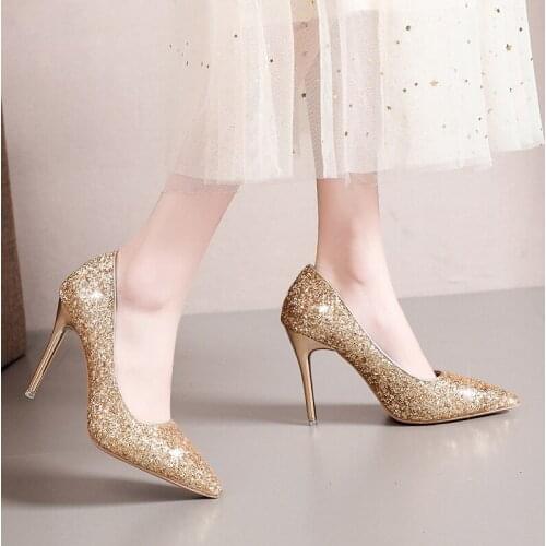 Gold High Heels Stiletto Heels Womens Dress Shallow Mouth Pointed Shallow Mouth SexySandals Sweet Ladies High Heels WomanShoes