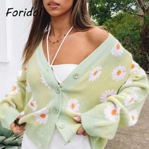 Foridol Daisy Print Knitted Cardigan Sweater Women Autumn Winter Green Casual Vintage Cardigan 2021 Thick Cardigan Tops New