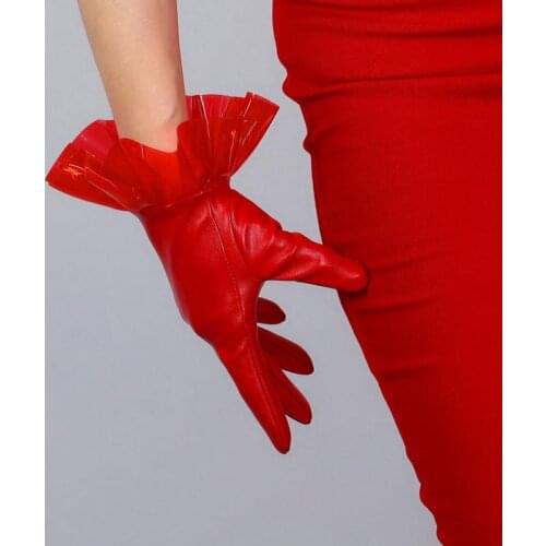 Green Lady Girl Wedding Party Fashion Women Ladies Pu Leather with PVC Ruffle Pink Short Dance Gloves Stage Performance Gloves