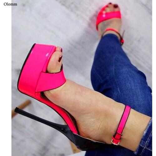 Olomm Handmade Women Summer Platform Sandals Patent Stiletto Heel Open Toe Gorgeous Fuchsia Yellow Green Club Shoes Size 47 52