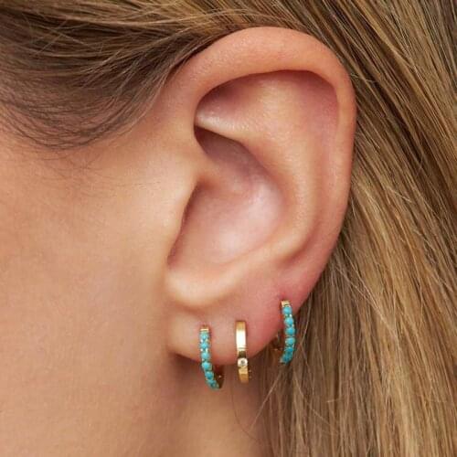 Delicate White CZ & Blue Turquoises Round Hoop Earring 10 Mm Inner Diameter Mini Cute Earrings Women Wedding Fashion Jewelry