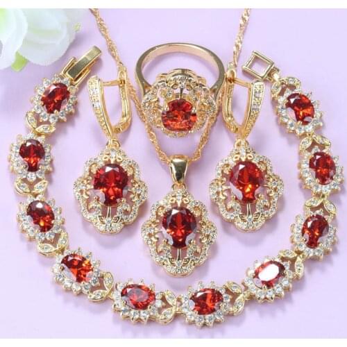10-Colors Red Garnet Dangle Earrings Necklace Bracelet And Ring Gold Colors Women Costume Flower Jewelry Sets