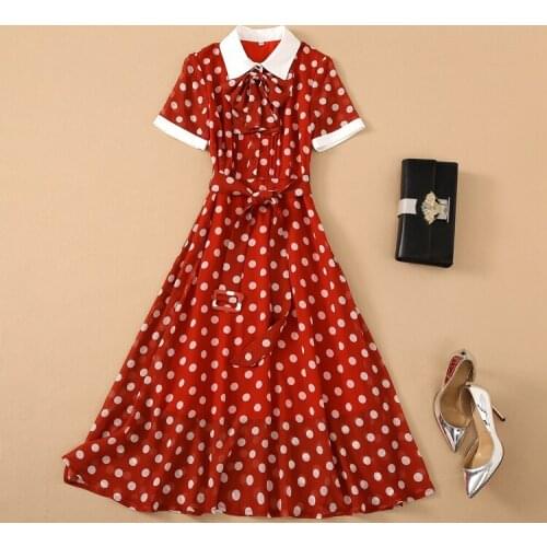 Princess Womens Dress 2021 Summer Style Ladies White Turn-down Collar Polka Dot Print Belt Deco Short Sleeve Mid-Calf Red Dress