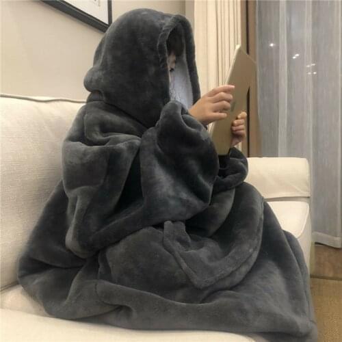 Women Winter Hoodies Blanket with Sleeve Warm Fleece Hooded Pocket Blankets Soft Hoodie Slant Robe Bathrobe Sweatshirt Pullover