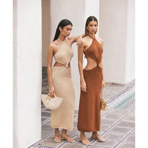 2021 Solid Sexy Halter Women Bandage Party Dress Hollow Out Summer Vestidos Vintage High Street Nightclub Backless Robe HD8415