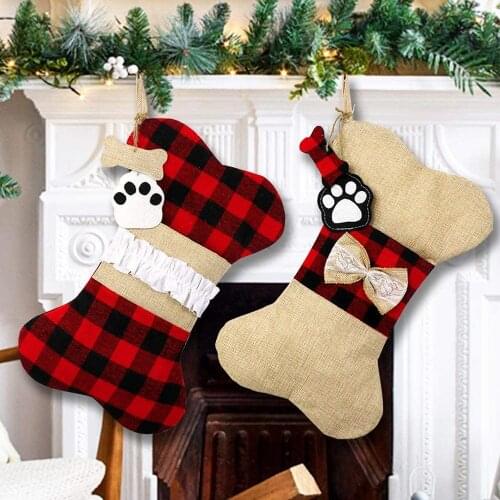 BIEMLERFN Christmas Stocking Burlap Plaid Large Bone Shape Pets Stockings Classic Hanging Stockings for Christmas Decoration