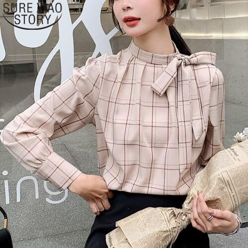 Blusas Chemise 2021 Spring Autumn Women Tops and Blouse Korean Long Sleeve Chiffon Shirt Plaid Casual Bow Elegant Lady Clothing