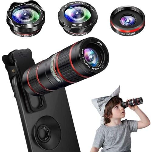 Two way adjustment 12x long focus telescope mobile phone lens wide angle micro distance fish eye external single reverse camera