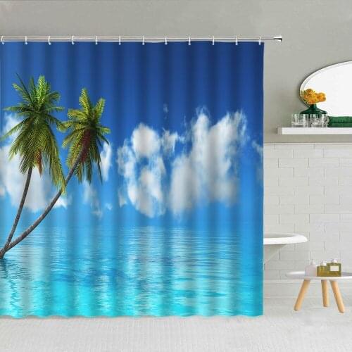 Blue Sea Coconut Tree Beach Reef Shower Curtain Frabic High Quality Bathroom Supplies Decor With Hooks Cloth Curtains Washable