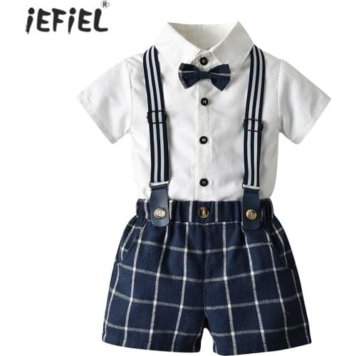 Toddler Baby Boy Gentleman Short Sleeve Formal Suit For Birthday Party Wedding Boy Bowtie T-shirt+Plaid Suspender Pants 3Pcs Set