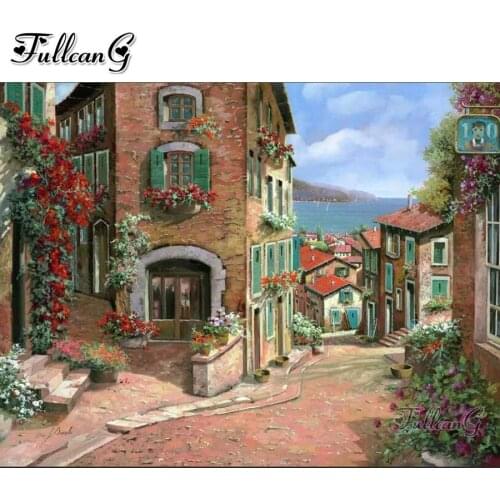 FULLCANG Coastal town scenery 5d diy diamond painting cross stitch full square round drill rhinestone embroidery kits FG0090