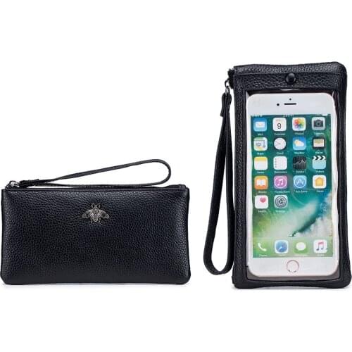Touch Screen Women Clutch Wallet Rfid Genuine Leather Zipper Wristlet Wallet Ladies Cell Phone Bag Coin Purse
