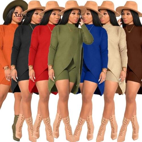 Shortstwo Piece Sets Cashmere Sweater Women Autumn Warm Front High Split Long Sleeve Loose Top High Waist Slim Outfits Clothes