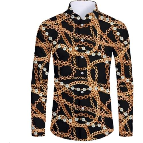IFPD EU Size Fashion Men Golden Chain 3D Print Button Shirts Summer Hawaiian Shirt Homme Long Sleeve Luxury Royal Baroque Shirt