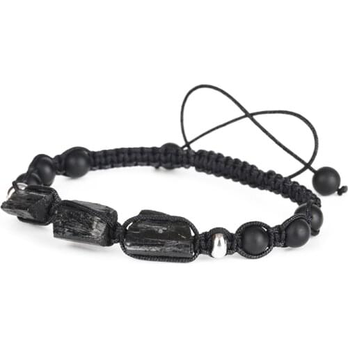 Natural Rough Black Tourmaline Bead Adjustable Healing Stone Matte Onyx Nylon Rope Unisex Adjustable Macrame Energy Bracelet