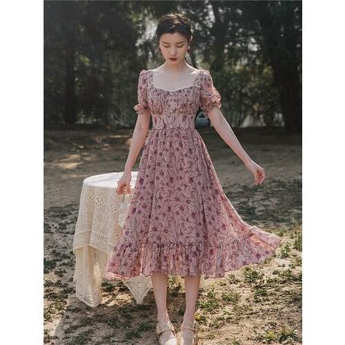 2020 new fashion womens clothing women dress Square Collar Print Vintage dress