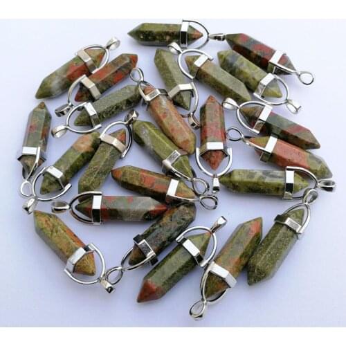 Wholesale 50pcs Natural unakite Stone Pendants Hexagonal alloy pillar Pendants & necklaces for making Jewelry
