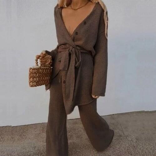 Autumn Winter Knitted Two-piece Suit Women Sexy Deep V Neck Button Cardigan Long Pants Homewear Set Female Solid Pajamas Clothes