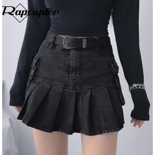 Rapcopter y2k Pleated Skirts Pockets Jean Skirts High Waisted Mini Skirts Gothic Black Denim Skirts Women Korean Cosplay Skirts