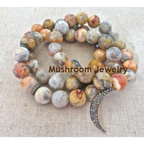 Boho Star And Moon Charm Stretch Bracelet Lace Agates Pave Zircon Stack Bracelet One set of 3pcs