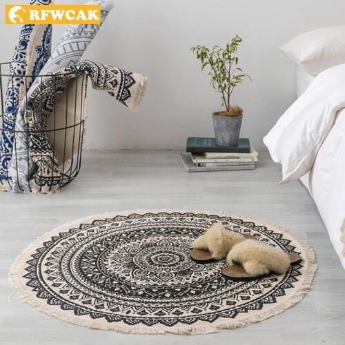 RFWCAK Retro Bohemian Round Carpet Hand Woven Cotton Linen Tassel Rug Living Room Bedroom Floor Mat Sofa Cushion Home Decoration