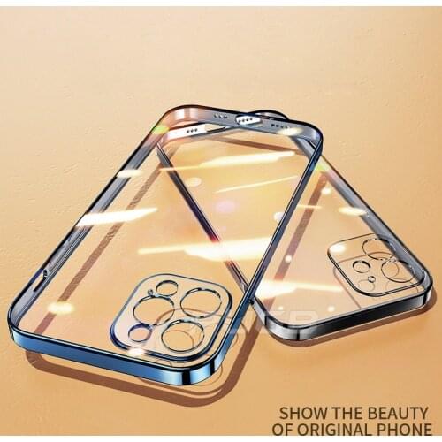 Luxury Plating Square Frame Transparent Case on For iPhone 12 11 Pro Max Mini X XS XR 7 8 Plus SE 2020 Soft Silicone Clear Cover