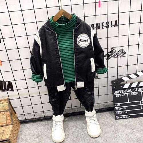 Autumn Winter Boy Set Cute Baby Set Toddler Boys Clothing Set Childrens PU Leather Jacket+T-Shirt+Jeans 3pcs Boys Outfits 2-6Y