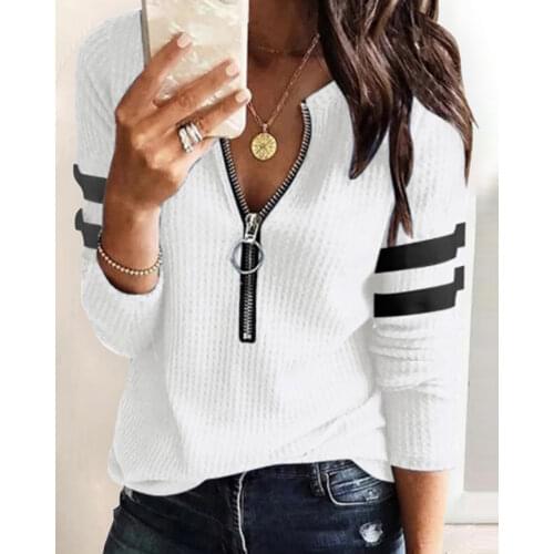 Spring Autumn Women Colorblock Zipper Front Top Lady Elegant Plus Size Casual Long Sleeve Blouse Femme Office Lady Tunic