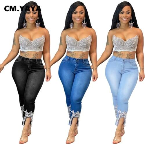 CM.YAYA Women Hot Rhinestones Splicing Cut Out Hem Pencil Jeans for Streetwear Elegant Denim Pants 2021