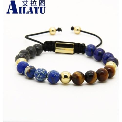 Jewelry On Sale 8mm Blue Sea Sediment Stone Beads A Grade Tiger Eye Stone Energy Macrame Bracelet Adjustable Size