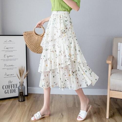 Womens Bohemian Beach Chiffon Skirts Female Summer New Elastic High Waist Floral Print Skirt Lady Ruffled Irregular Skirts Y179