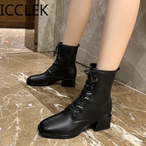 2021 Autumn Winter Women Ankle Boots Shoes Solid Black Lace-up Square Toe Rubber Elegant Fashion Mid Heels Women Boots