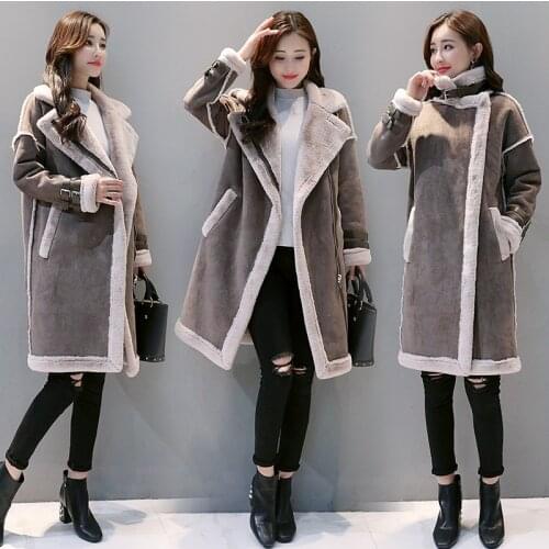 Womens autumn and winter new mid-length wild Korean lamb wool coat, womens winter deerskin velvet padded cotton coat