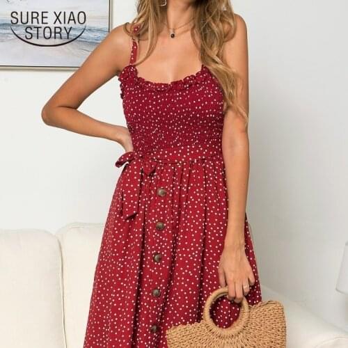 Womens Sling Polka Dot Long Dresses New Arrival Summer Slash Neck Sleeveless Party Beach Print Midi Dress Casual Sundress 13189