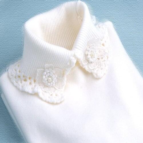 Turn-down Collar Fleece Women Sweaters and Pullovers Lace Solid Slim Sweet Flower Emboridery Office Lady Elegant Pullovers Tops