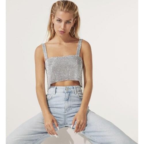 RANMO Square collar sleeveless backless cold flash metal crystal short top elegant ladies birthday party rhinestone top