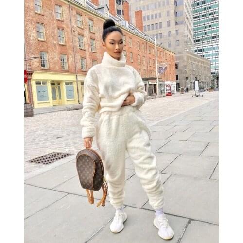 Women Two Piece Outfits Loose Casual Winter Plush Solid Turtleneck Sweater High Waist Elastic Waist Trousers Clothes Set Females