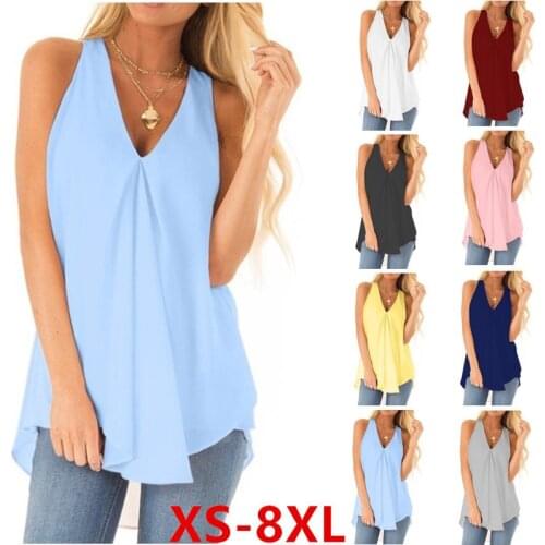 New Summer Plus Size 8XL Women Chiffon Tops Casual Loose V-neck Sleeveless Pullover Vest Solid Color White Black blue Tank Tops