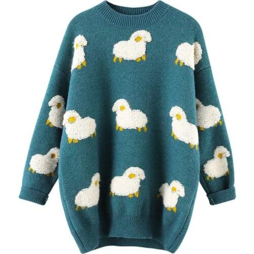 Cartoon Sheep Print Pullover Sweater Women 2020 O Neck Loose Knit Womens Jumpers Autumn Winter Fashion Knitwear Coat
