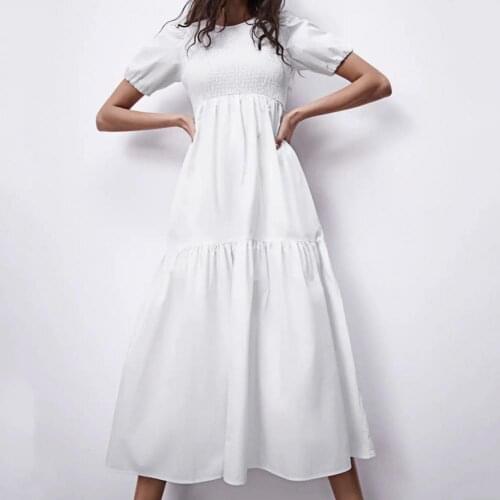 Women Summer Dress Fashion O-neck White Puff Sleeve Large Hem High Waist Dress Streetwear robe femme платье летнее женское 2021