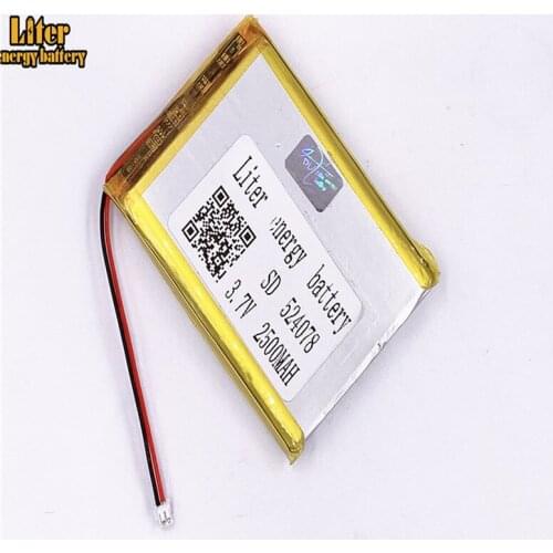 1.5MM 2pin connector 3.7V 524078 2500mah Lithium Polymer e-books GPS PDA Car recorder Li-Po Rechargeable Battery