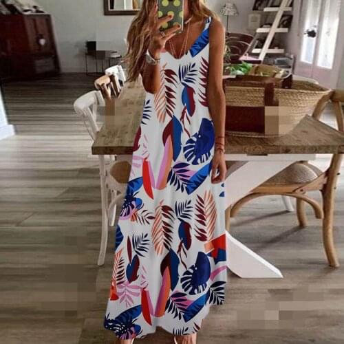 2021 New Sexy Vintage Print Sling Dress Woman Vintage A Line Long Dresses Beach Summer Sleeveless Slim Dress Size S-5Xl