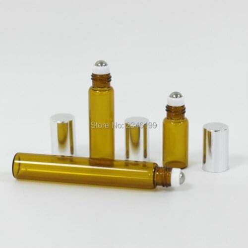 50 Pcs/Lot, 3ML 5ML 10ML Silver Cap Glass Roll on Bottles Steel Ball Aroma Essential Oil Packing Vials Amber Brown Roller Bottle