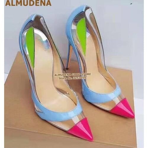 ALMUDENA Clear PVC Patchwork High Heel Pumps 12cm Thin Heels Pink Pointed Toe Wedding Shoes Sky Blue Mixed Color Dress Pumps