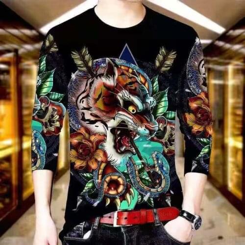 New mens 3D tiger pattern printing long-sleeved T-shirt casual loose wild round neck lion T-shirt top trend mens clothing