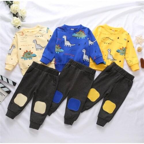 FOCUSNORM Autumn Winter Causal Kids Boys Clothes Sets 2pcs Dinosaur Printed Pullover Sweatshirt Tops Long Pants 0-4Y