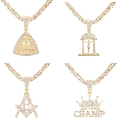 Iced Out Crown / Money Bag Pendant Necklace Choker Chain Necklace Women Hip-Hop Jewelry For Men Tennis Chain Dropshipping