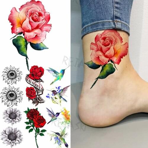 Small Colored Rose Fashion Temporary Tattoos For Women Adult Sunflower Hummingbird Fake Tattoo Waterproof Body Art Tatoos Decal