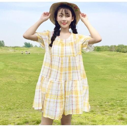Summer new womens Korean version of the college style bow short-sleeved was thin lattice stitching chiffon sweet cute Dress