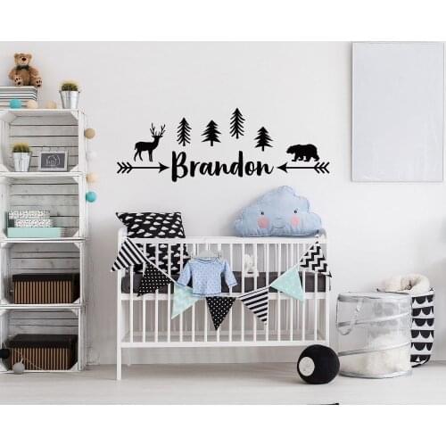 Personalized Kids Name Wall Decal Woodland Nordic Style Nursey Room Decoration Vinyl Wall Stickers Art Wallpaper Bear Deer G272